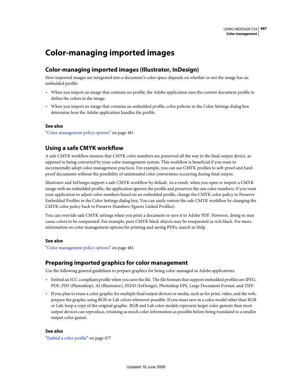 Color-managing imported images, Using a safe cmyk workflow, Preparing imported graphics for color management | Adobe InDesign CS4 User Manual | Page 475 / 717