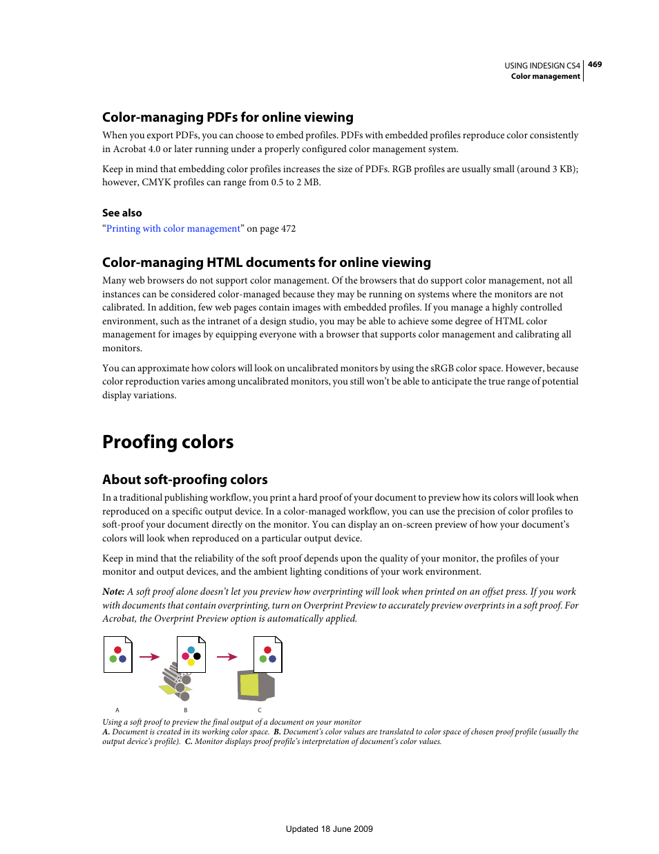 Color-managing pdfs for online viewing, Color-managing html documents for online viewing, Proofing colors | About soft-proofing colors, Specific device. (see | Adobe InDesign CS4 User Manual | Page 477 / 717