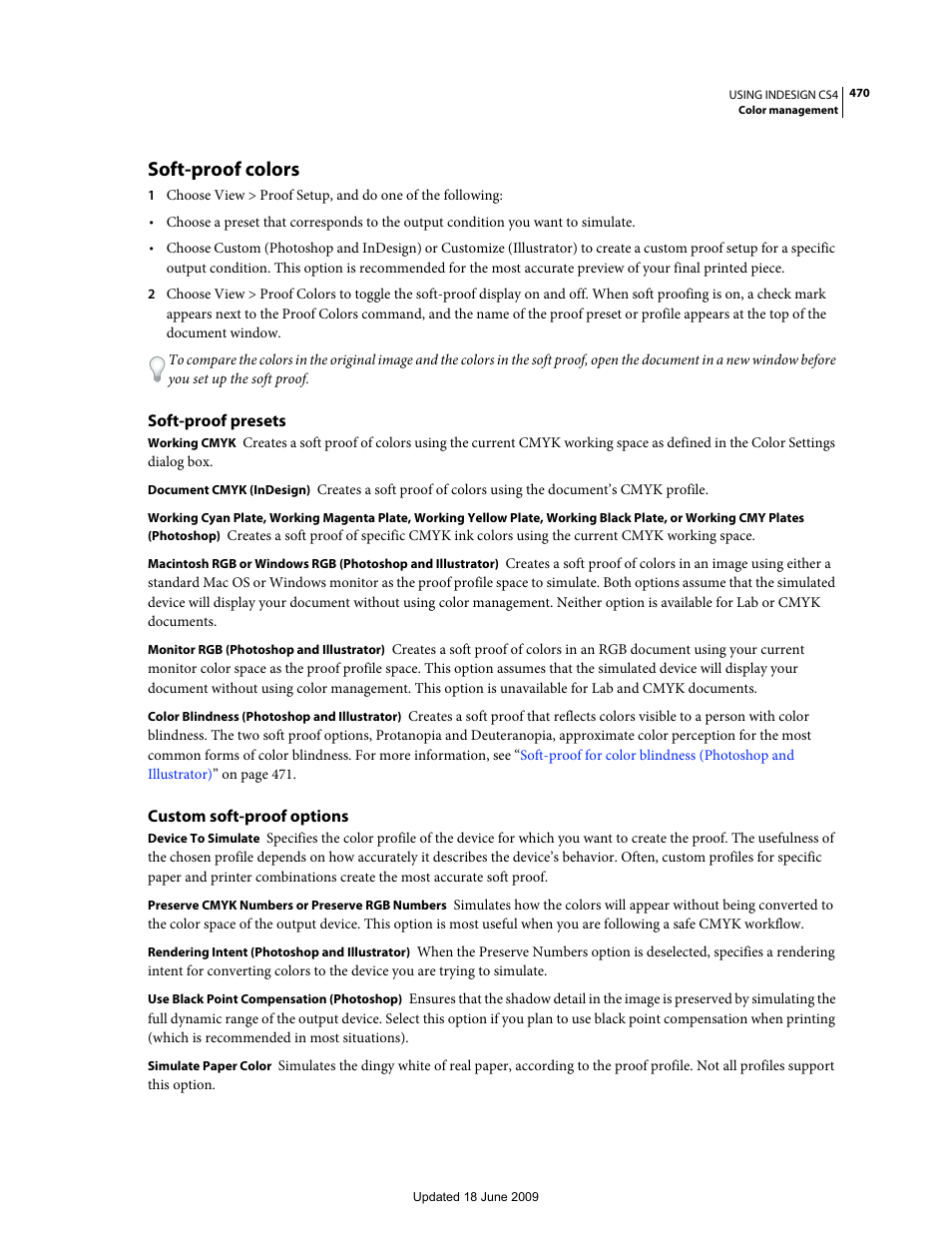 Soft-proof colors, Soft-proof presets, Custom soft-proof options | Adobe InDesign CS4 User Manual | Page 478 / 717