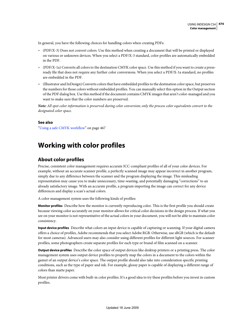 Working with color profiles, About color profiles | Adobe InDesign CS4 User Manual | Page 482 / 717