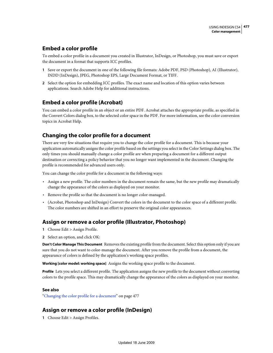 Embed a color profile, Embed a color profile (acrobat), Changing the color profile for a document | Assign or remove a color profile (indesign) | Adobe InDesign CS4 User Manual | Page 485 / 717