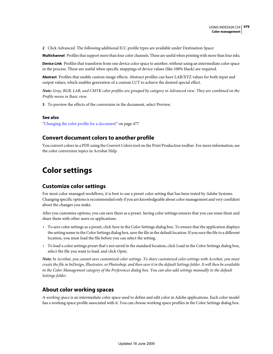 Convert document colors to another profile, Color settings, Customize color settings | About color working spaces | Adobe InDesign CS4 User Manual | Page 487 / 717