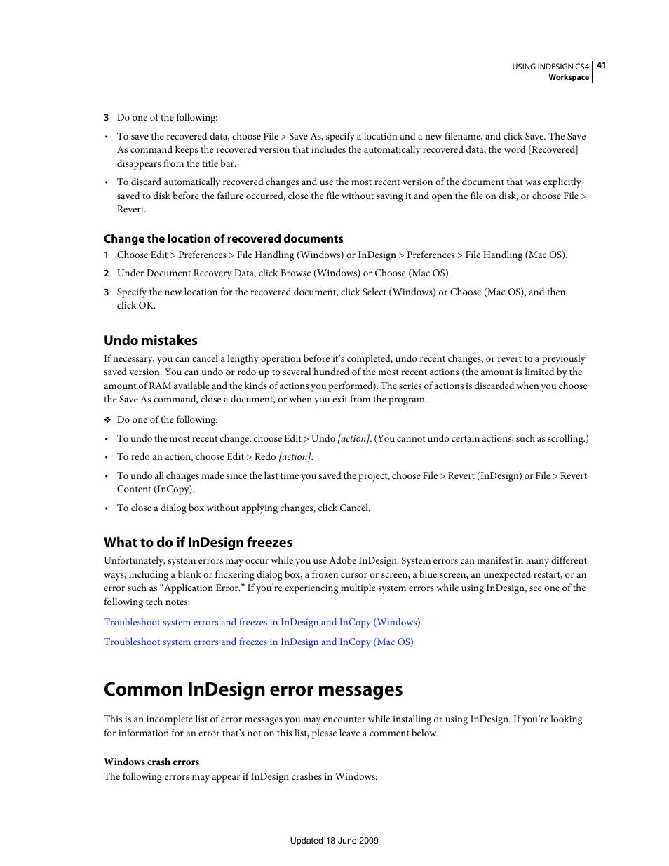 Change the location of recovered documents, Undo mistakes, What to do if indesign freezes | Common indesign error messages | Adobe InDesign CS4 User Manual | Page 49 / 717
