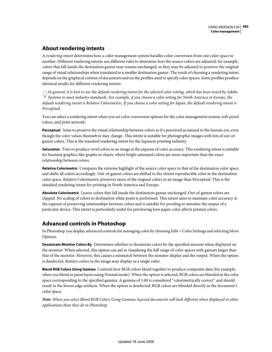 About rendering intents, Advanced controls in photoshop | Adobe InDesign CS4 User Manual | Page 491 / 717