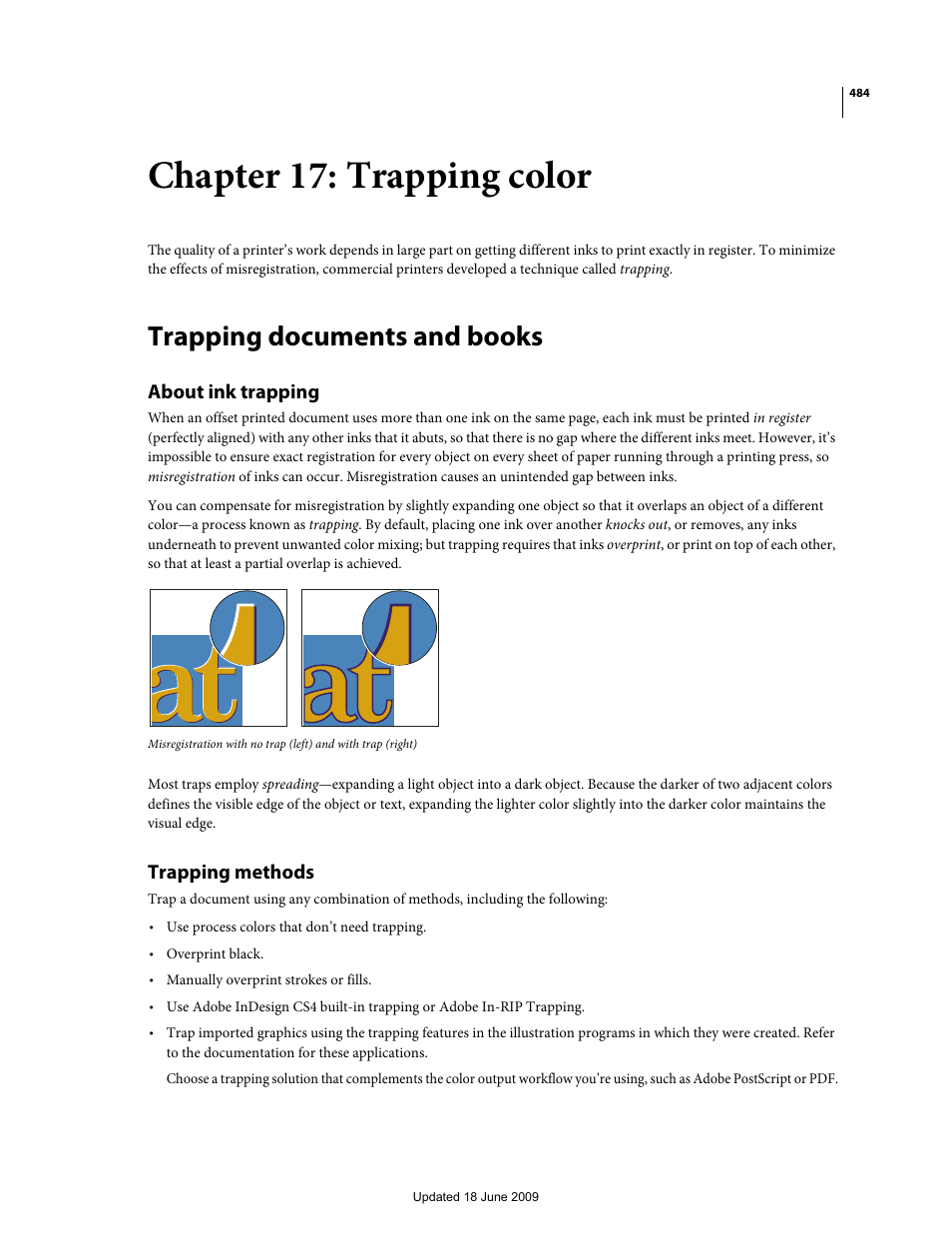 Chapter 17: trapping color, Trapping documents and books, About ink trapping | Trapping methods, Trapping color | Adobe InDesign CS4 User Manual | Page 492 / 717