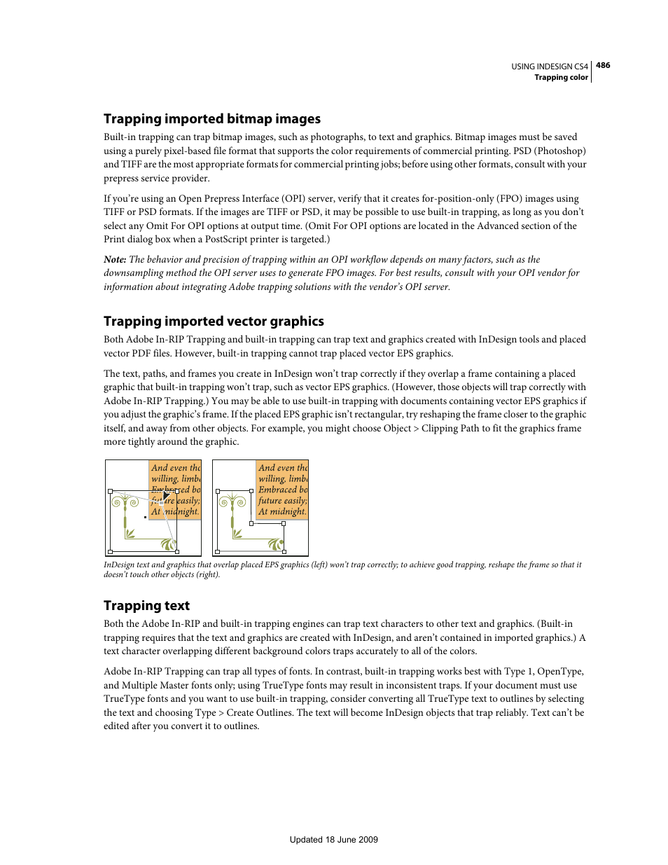 Trapping imported bitmap images, Trapping imported vector graphics, Trapping text | Adobe InDesign CS4 User Manual | Page 494 / 717