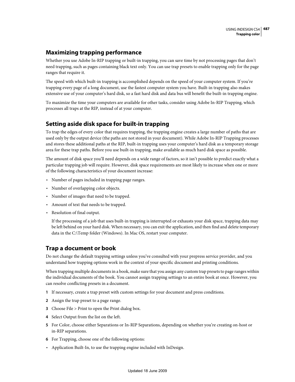 Maximizing trapping performance, Setting aside disk space for built-in trapping, Trap a document or book | Adobe InDesign CS4 User Manual | Page 495 / 717