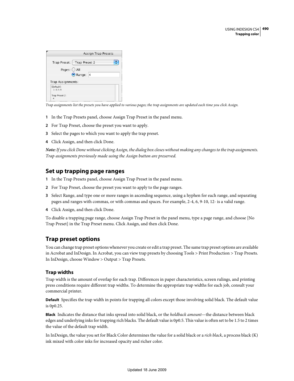 Trap preset options, Trap widths, Set up trapping page ranges | Adobe InDesign CS4 User Manual | Page 498 / 717