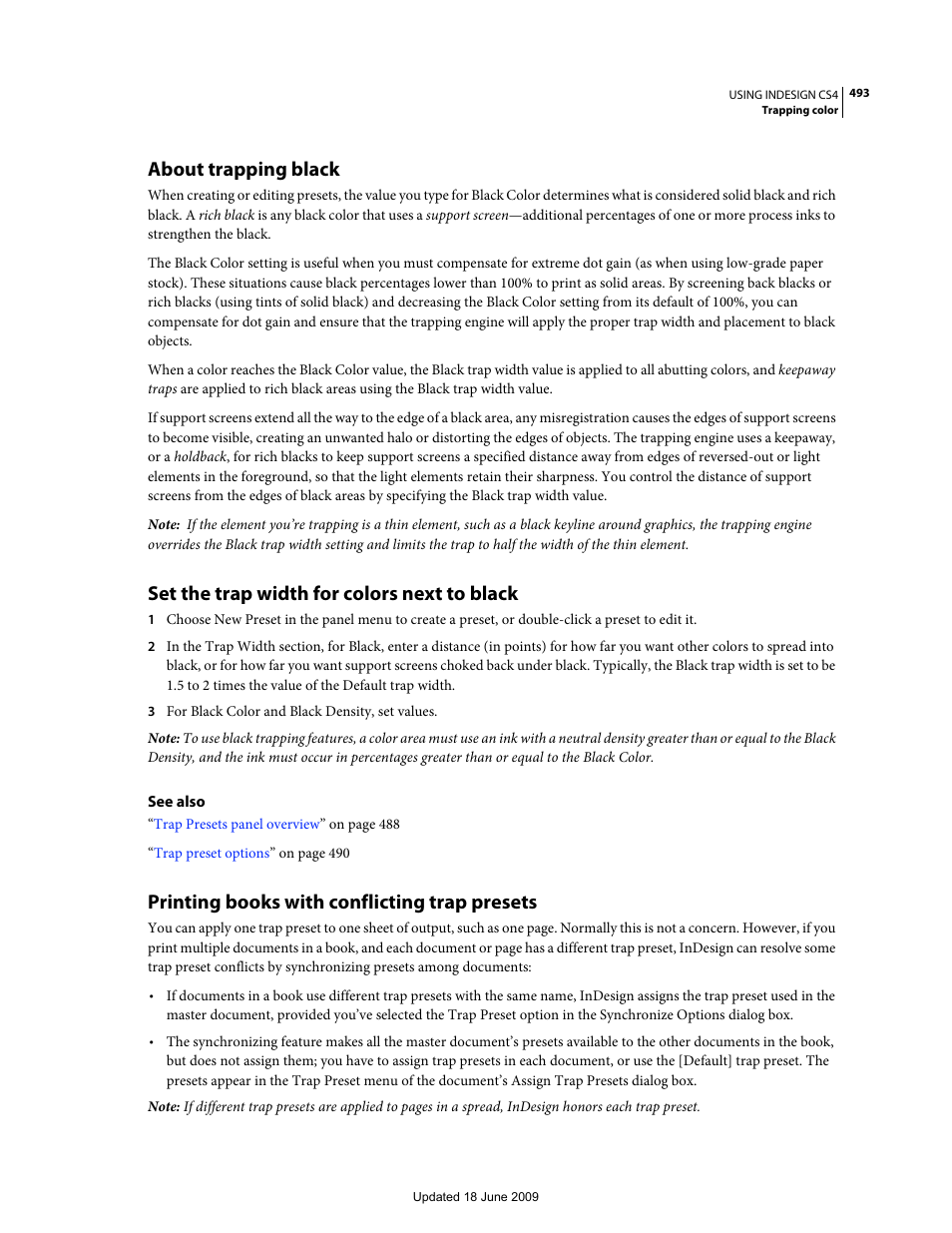 About trapping black, Set the trap width for colors next to black, Printing books with conflicting trap presets | Adobe InDesign CS4 User Manual | Page 501 / 717