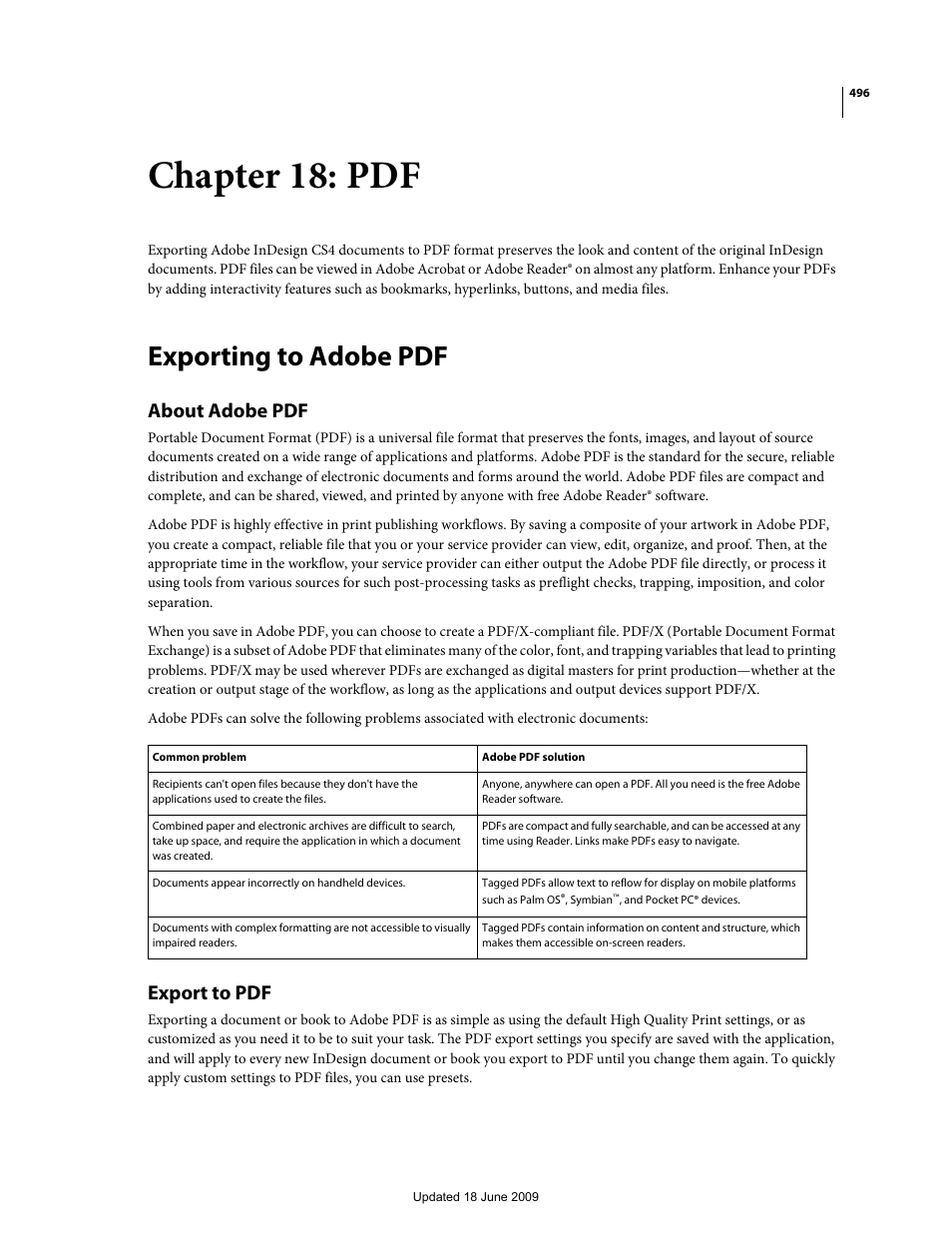 Chapter 18: pdf, Exporting to adobe pdf, About adobe pdf | Export to pdf | Adobe InDesign CS4 User Manual | Page 504 / 717