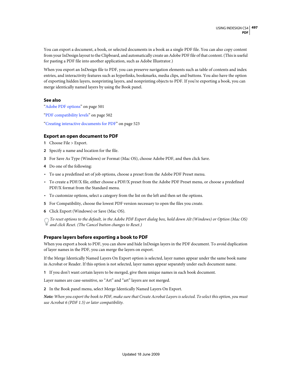 Export an open document to pdf, Prepare layers before exporting a book to pdf | Adobe InDesign CS4 User Manual | Page 505 / 717