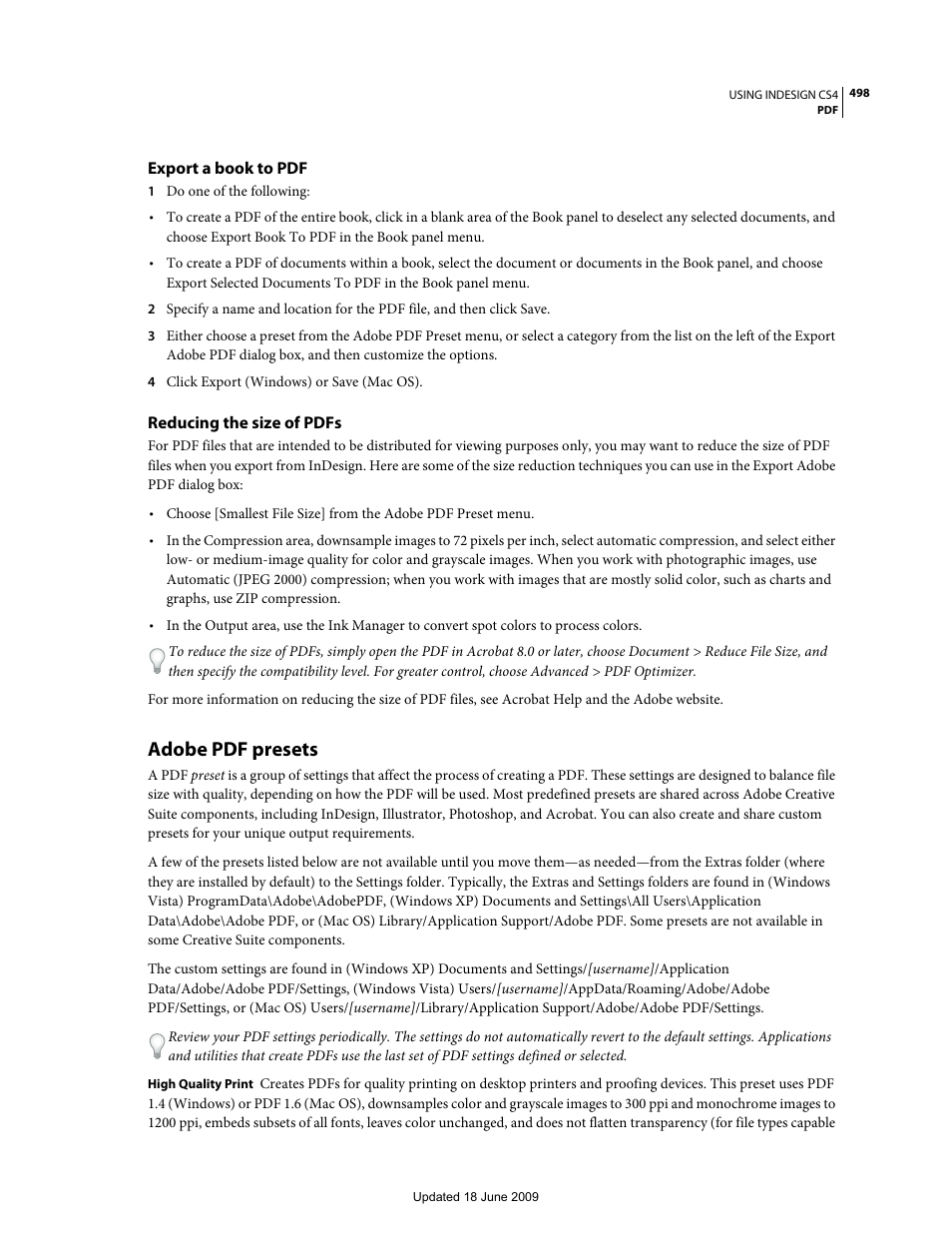 Export a book to pdf, Reducing the size of pdfs, Adobe pdf presets | Adobe InDesign CS4 User Manual | Page 506 / 717