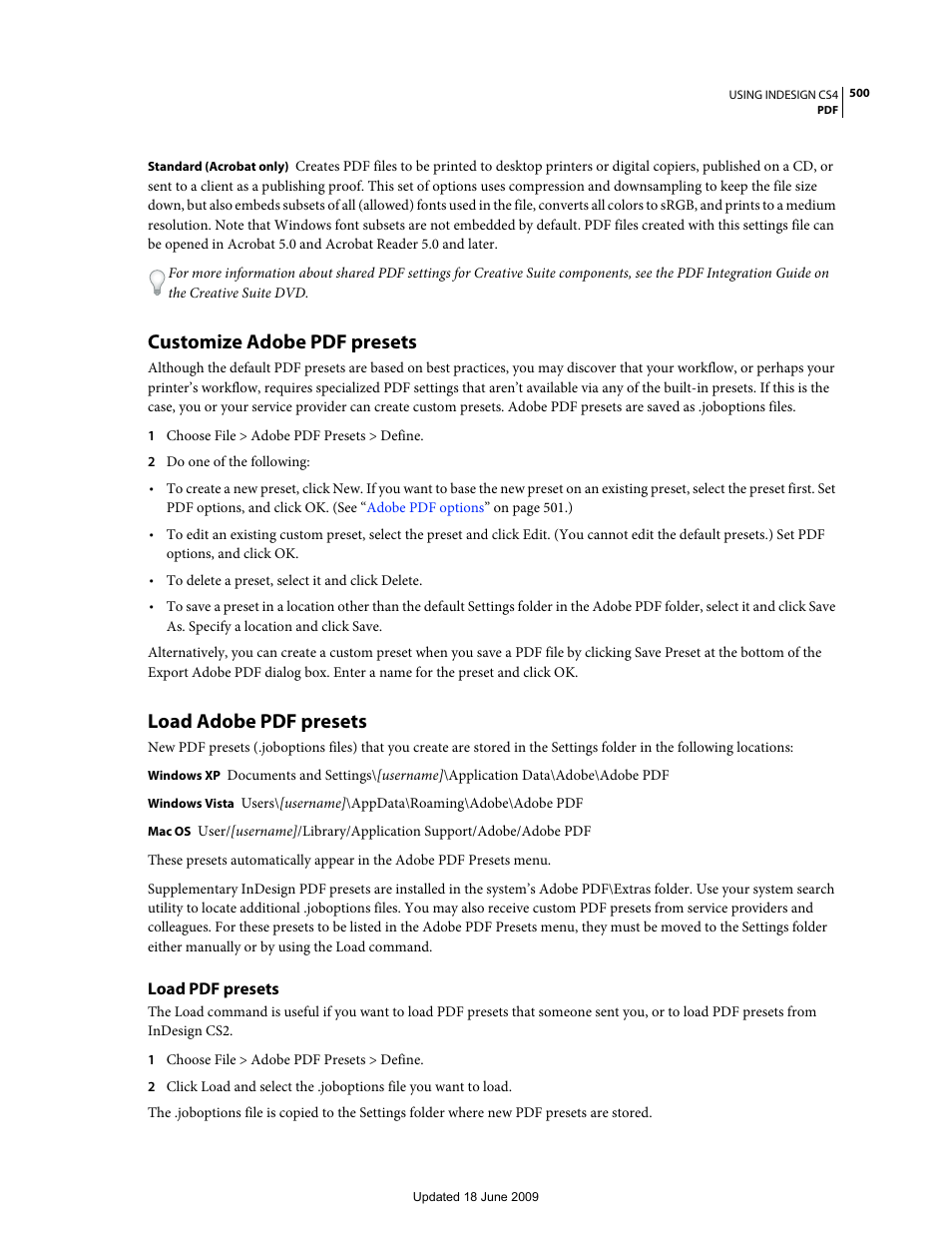 Customize adobe pdf presets, Load adobe pdf presets, Load pdf presets | Adobe InDesign CS4 User Manual | Page 508 / 717