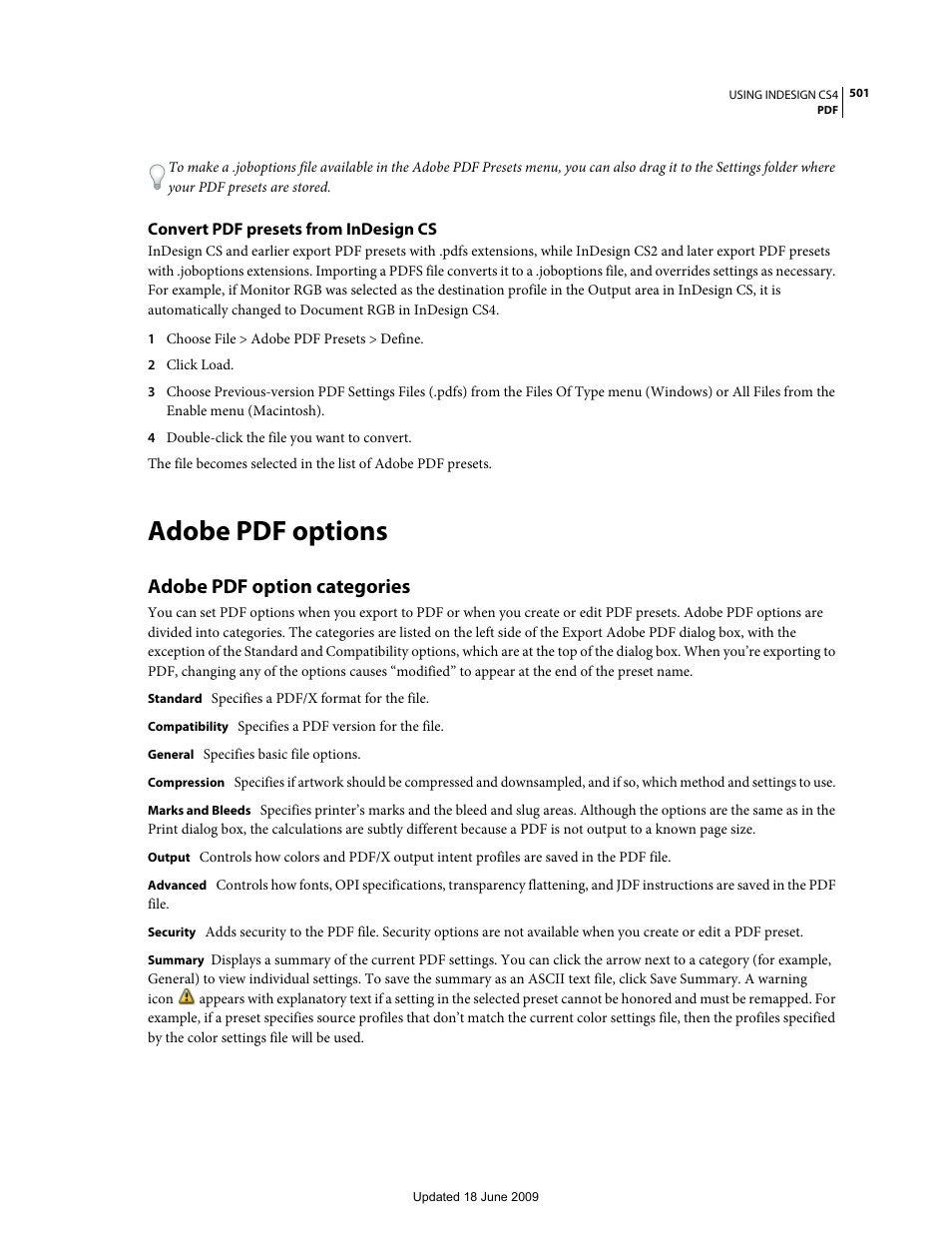 Convert pdf presets from indesign cs, Adobe pdf options, Adobe pdf option categories | Adobe InDesign CS4 User Manual | Page 509 / 717