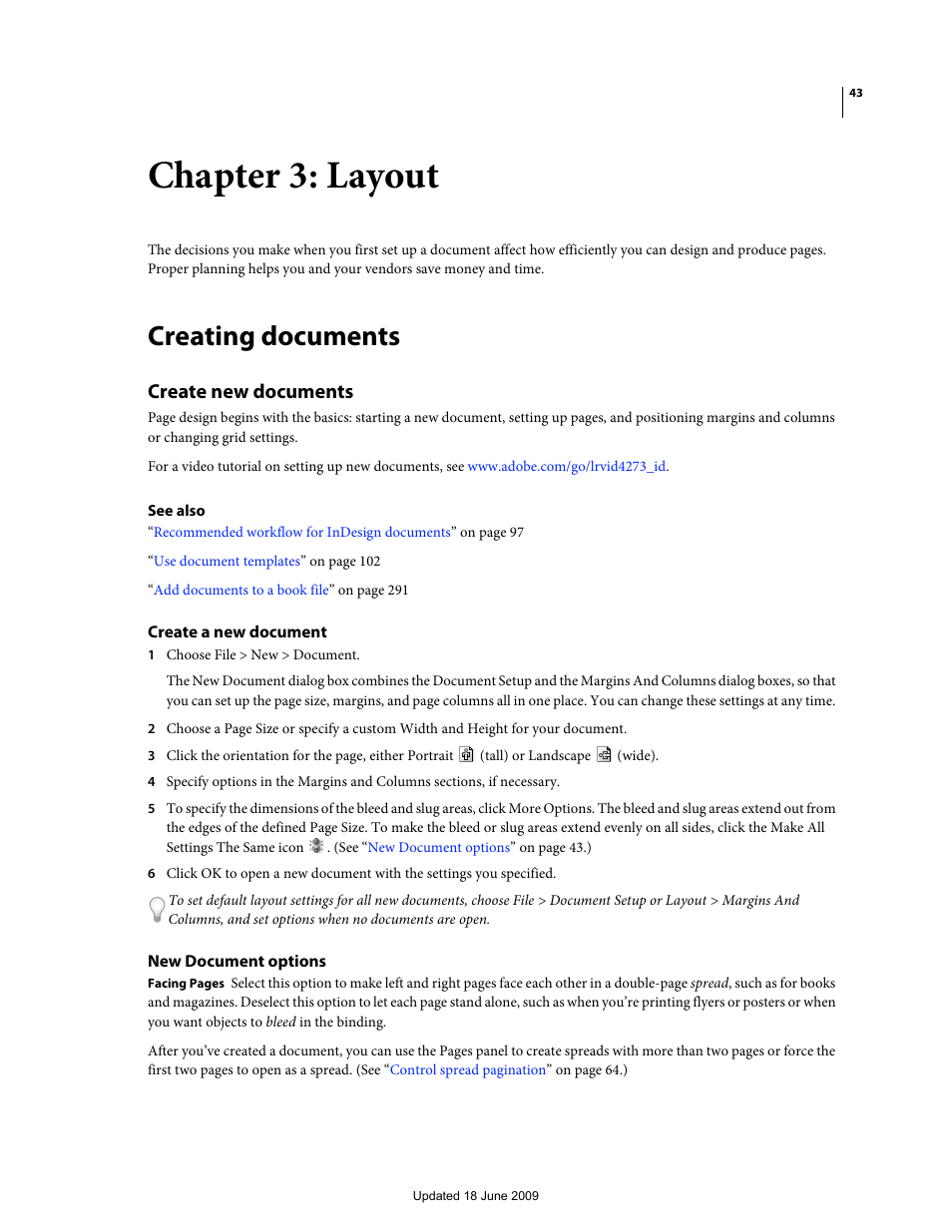 Chapter 3: layout, Creating documents, Create new documents | Create a new document, New document options | Adobe InDesign CS4 User Manual | Page 51 / 717