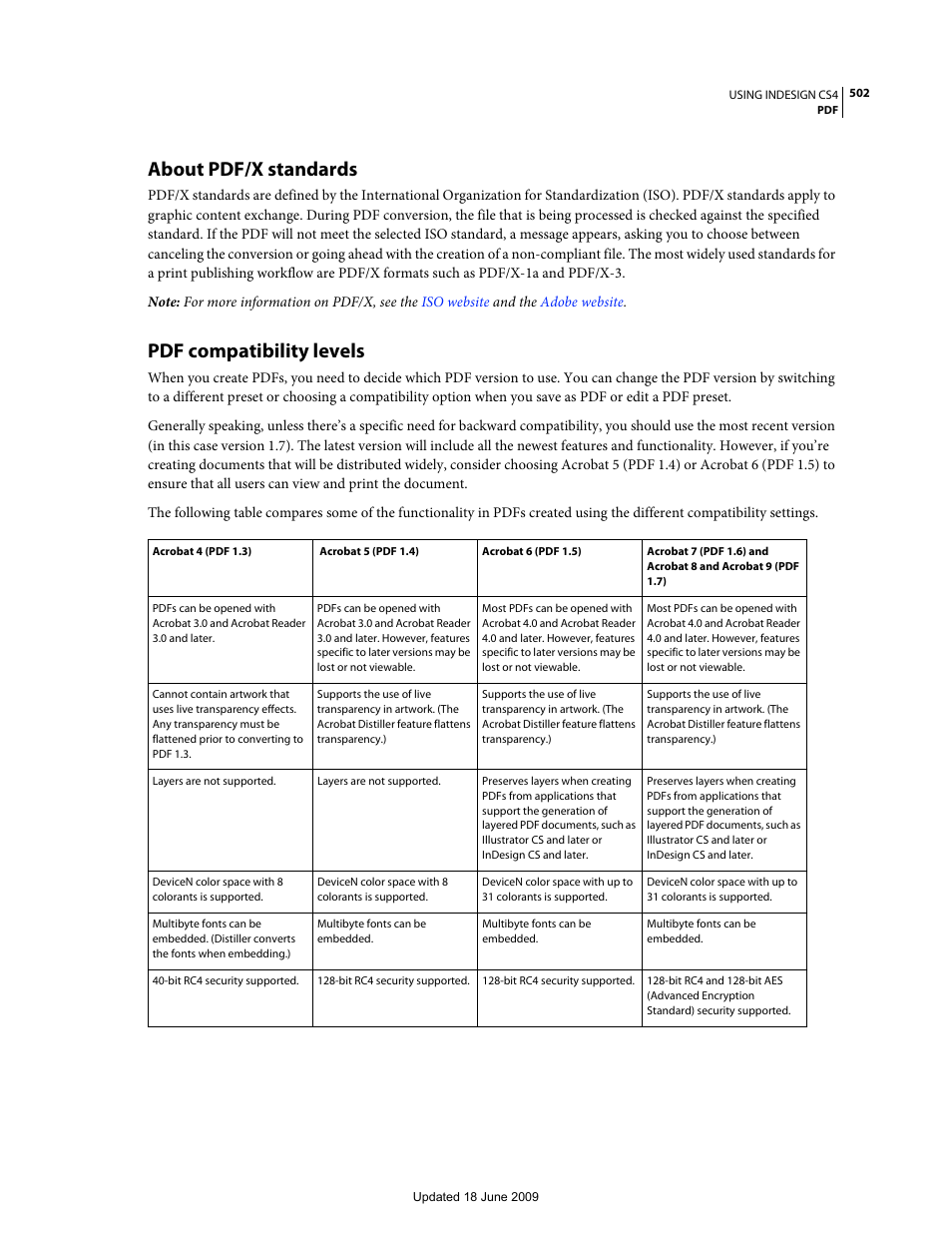 About pdf/x standards, Pdf compatibility levels | Adobe InDesign CS4 User Manual | Page 510 / 717