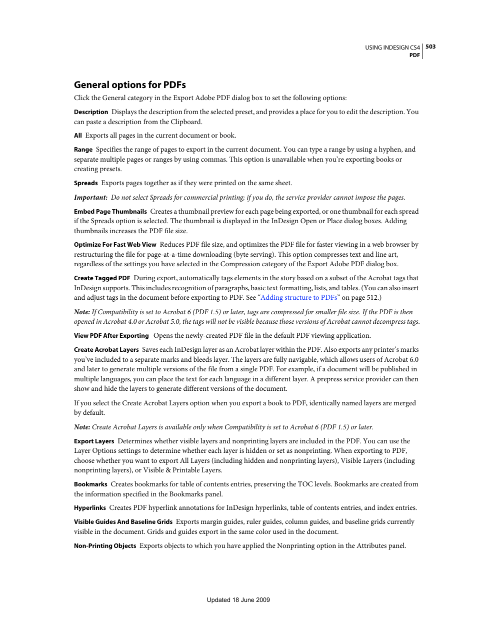 General options for pdfs | Adobe InDesign CS4 User Manual | Page 511 / 717