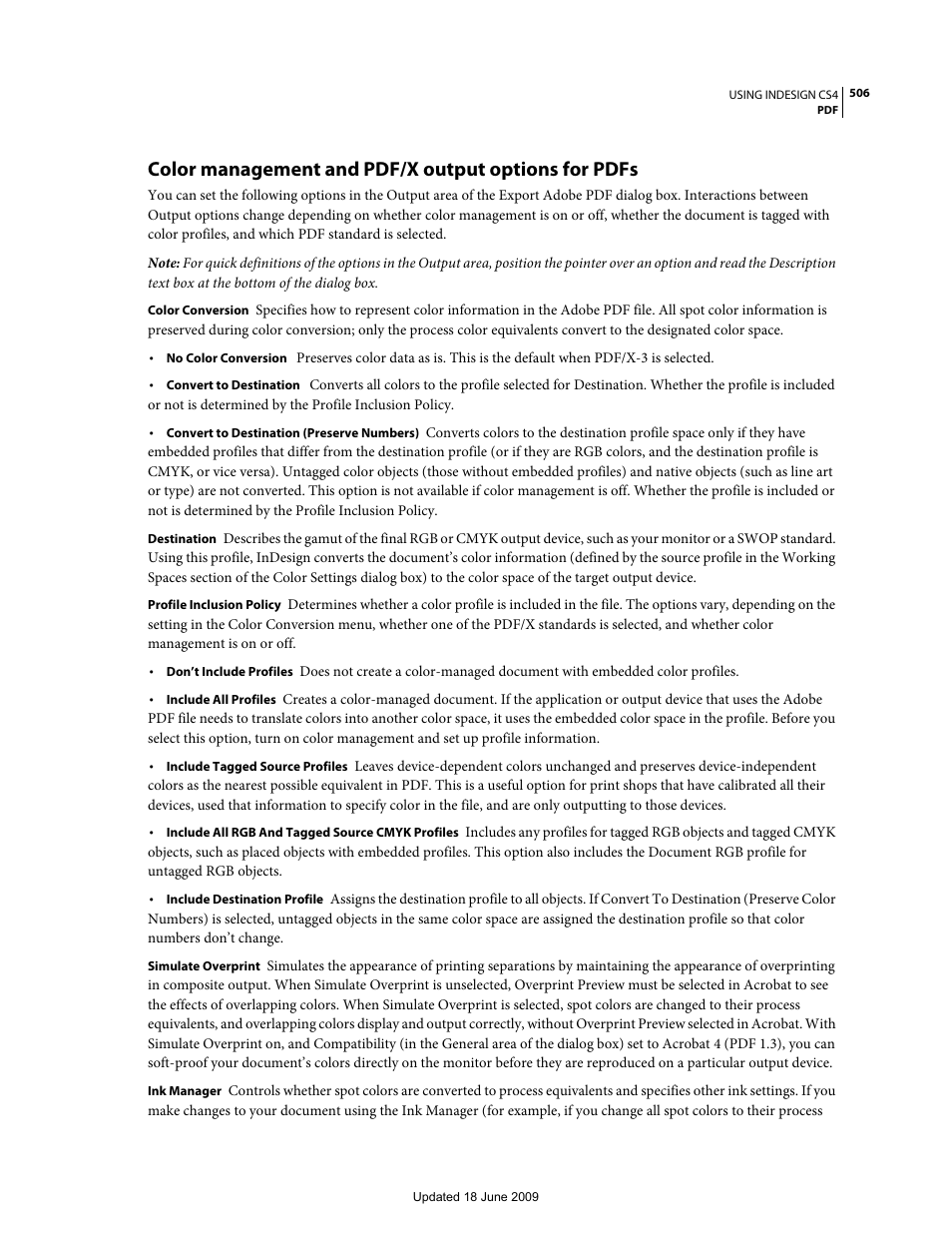 Color management and pdf/x output options for pdfs | Adobe InDesign CS4 User Manual | Page 514 / 717