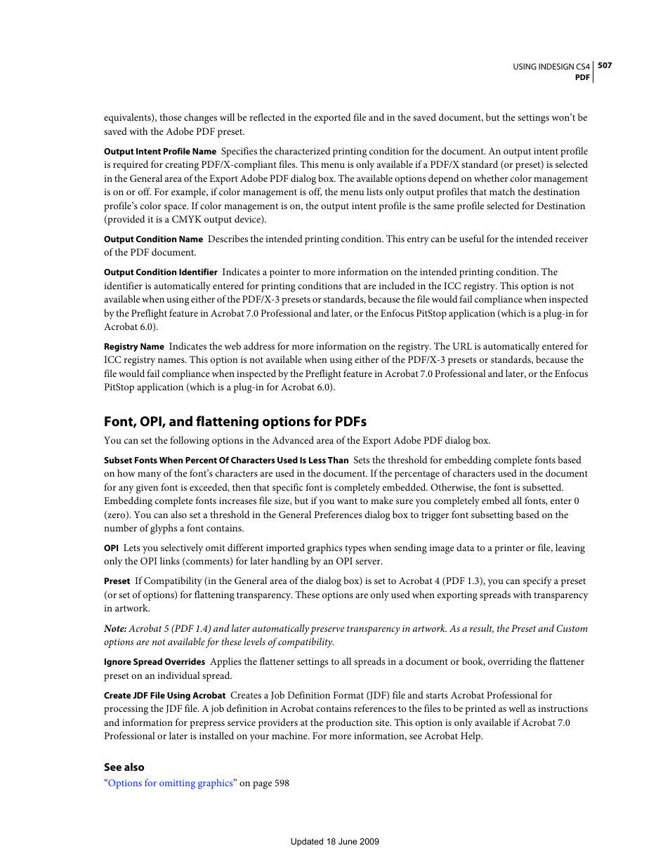 Font, opi, and flattening options for pdfs | Adobe InDesign CS4 User Manual | Page 515 / 717