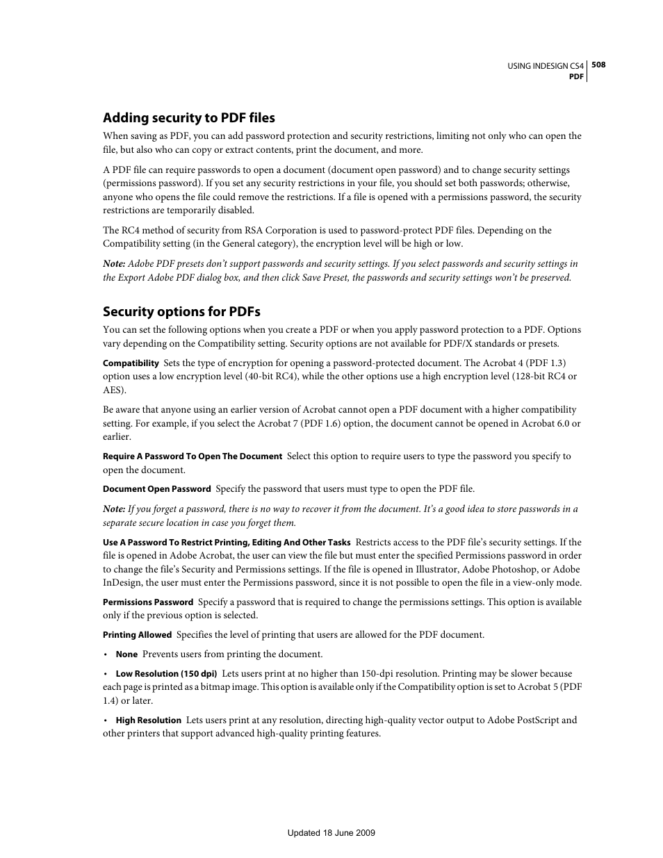 Adding security to pdf files, Security options for pdfs | Adobe InDesign CS4 User Manual | Page 516 / 717