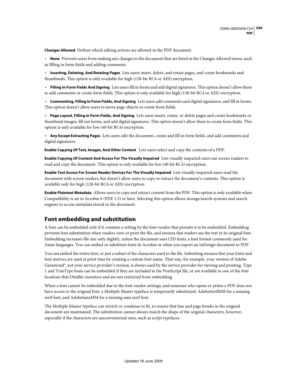 Font embedding and substitution | Adobe InDesign CS4 User Manual | Page 517 / 717