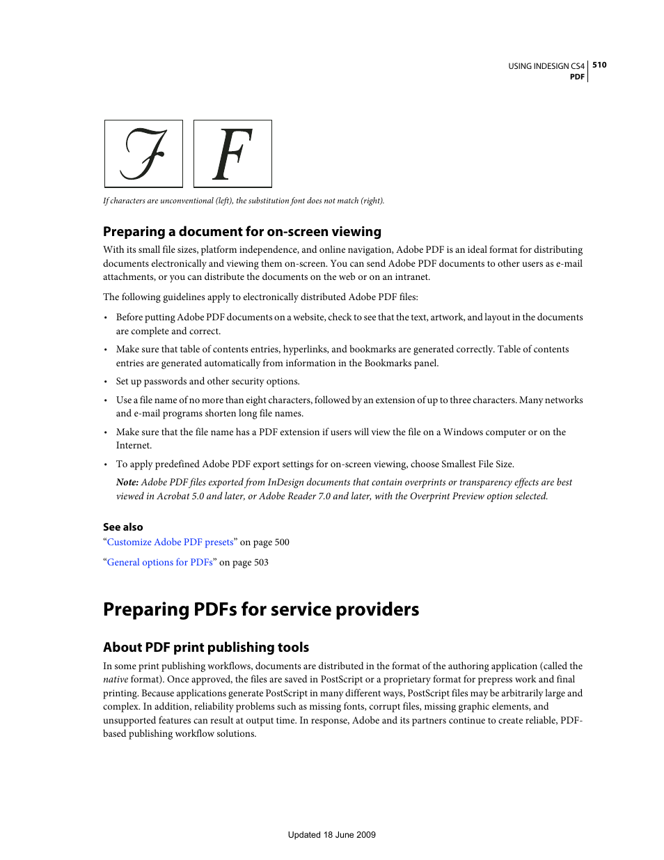 Preparing a document for on-screen viewing, Preparing pdfs for service providers, About pdf print publishing tools | Adobe InDesign CS4 User Manual | Page 518 / 717