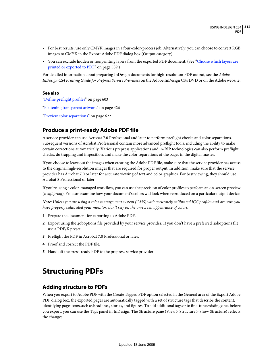 Produce a print-ready adobe pdf file, Structuring pdfs, Adding structure to pdfs | Adobe InDesign CS4 User Manual | Page 520 / 717