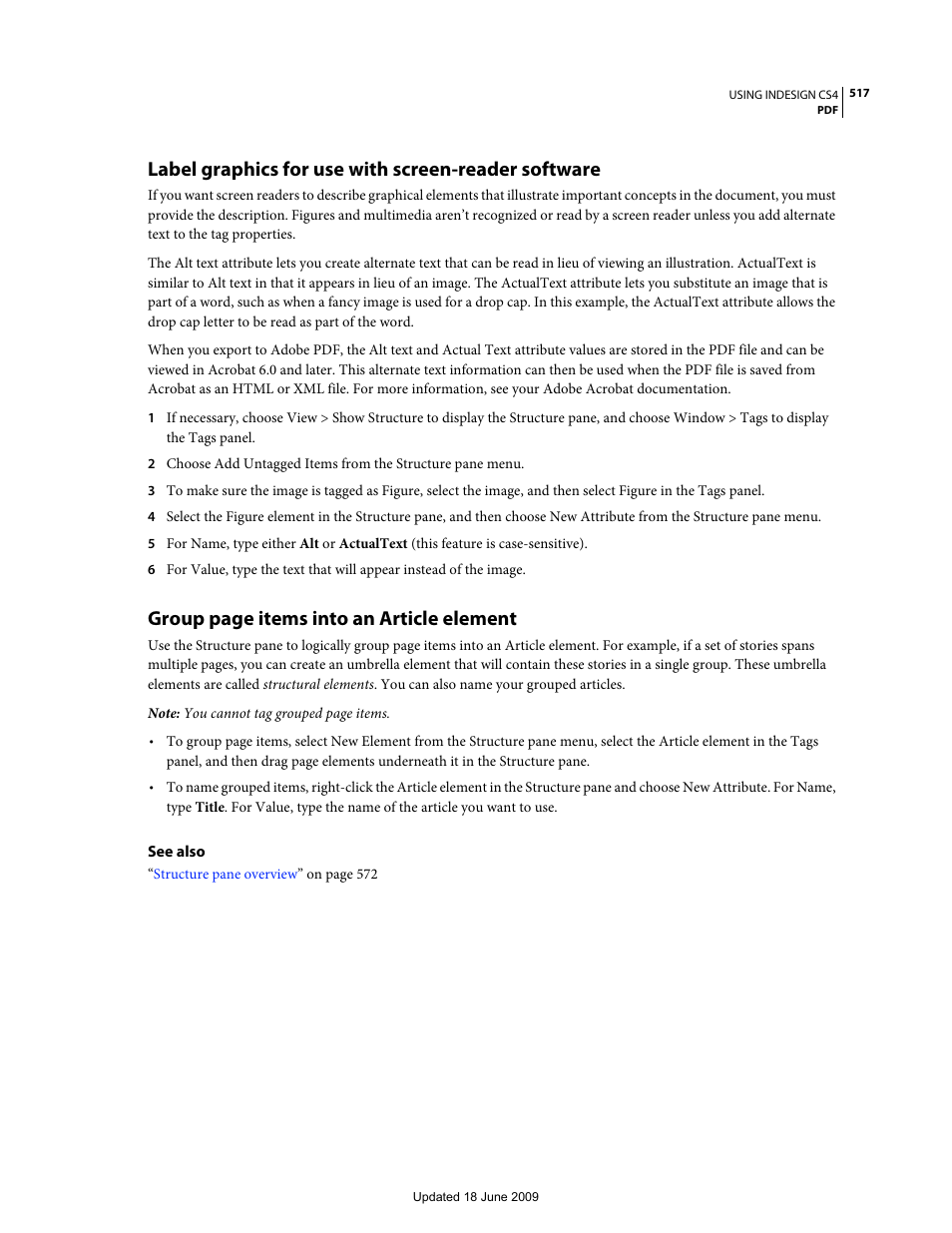 Label graphics for use with screen-reader software, Group page items into an article element | Adobe InDesign CS4 User Manual | Page 525 / 717