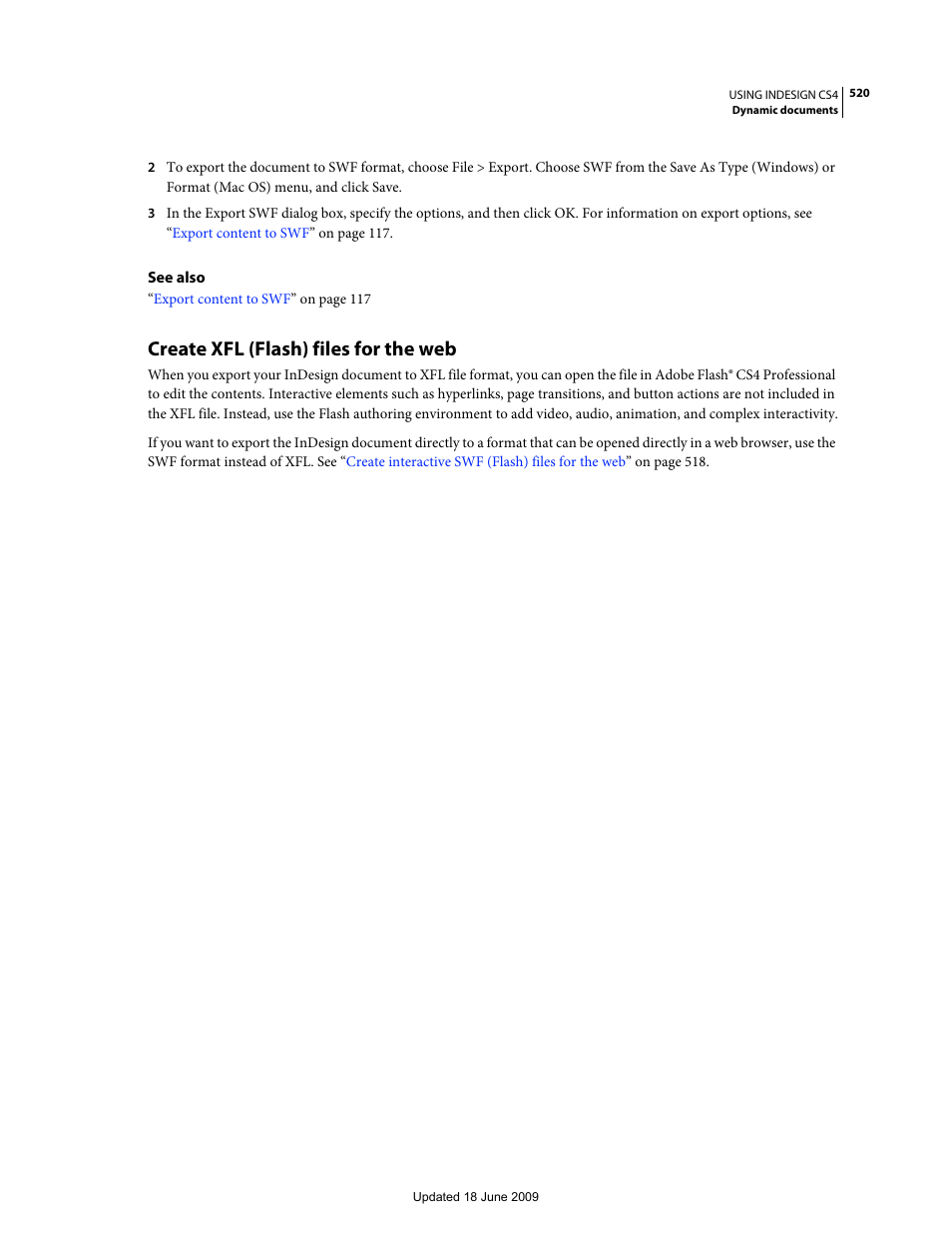 Create xfl (flash) files for the web, Create xfl (flash) files for the, Set up your document for exporting to xfl. see | Create, Xfl (flash) files for the web | Adobe InDesign CS4 User Manual | Page 528 / 717