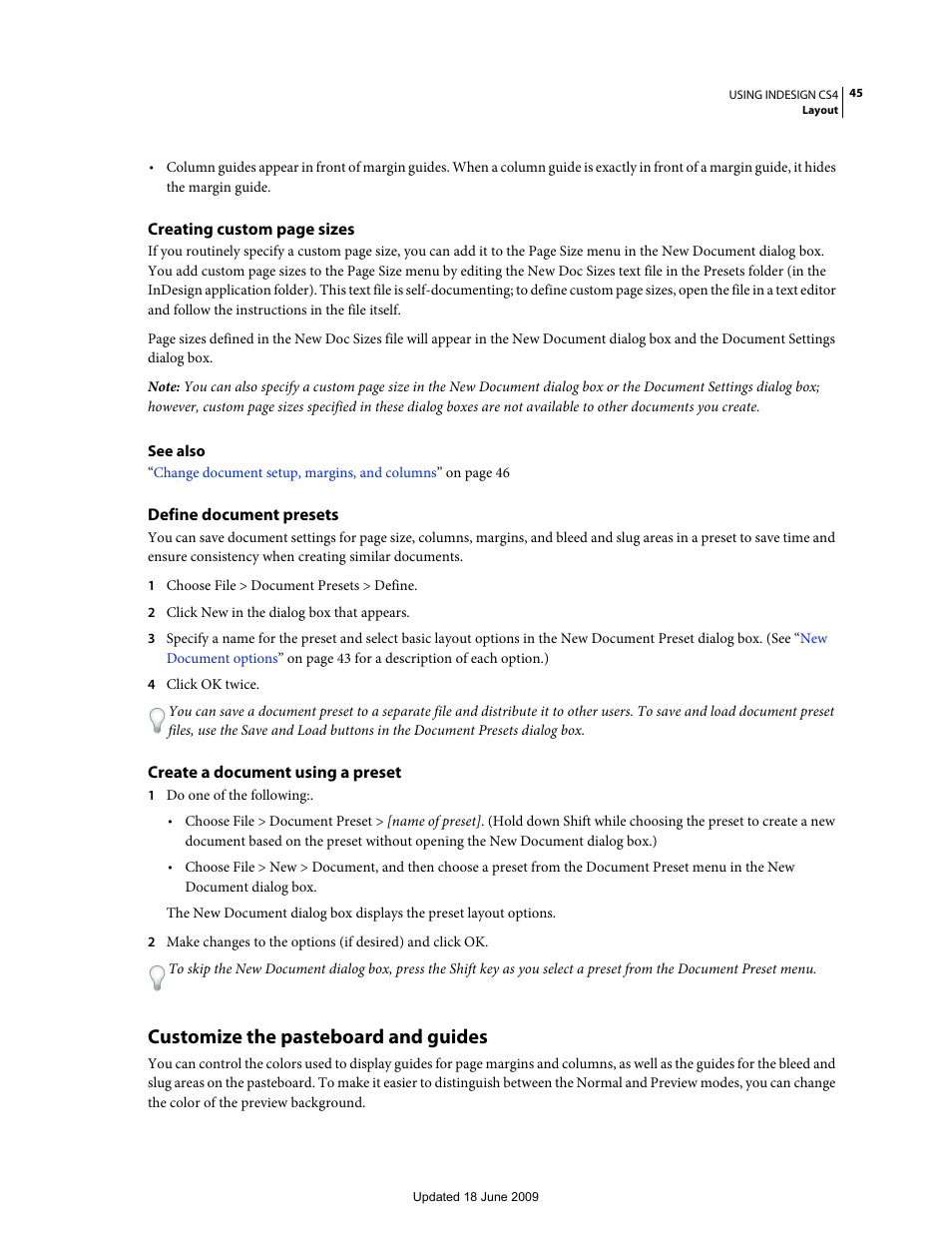 Define document presets, Create a document using a preset, Customize the pasteboard and guides | Adobe InDesign CS4 User Manual | Page 53 / 717