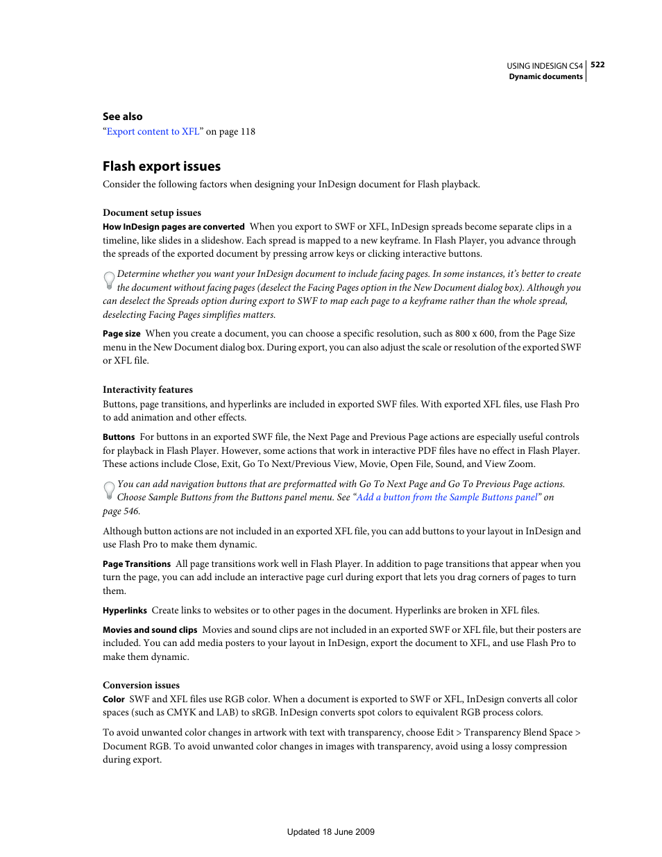 Flash export issues, The document for export, see | Adobe InDesign CS4 User Manual | Page 530 / 717