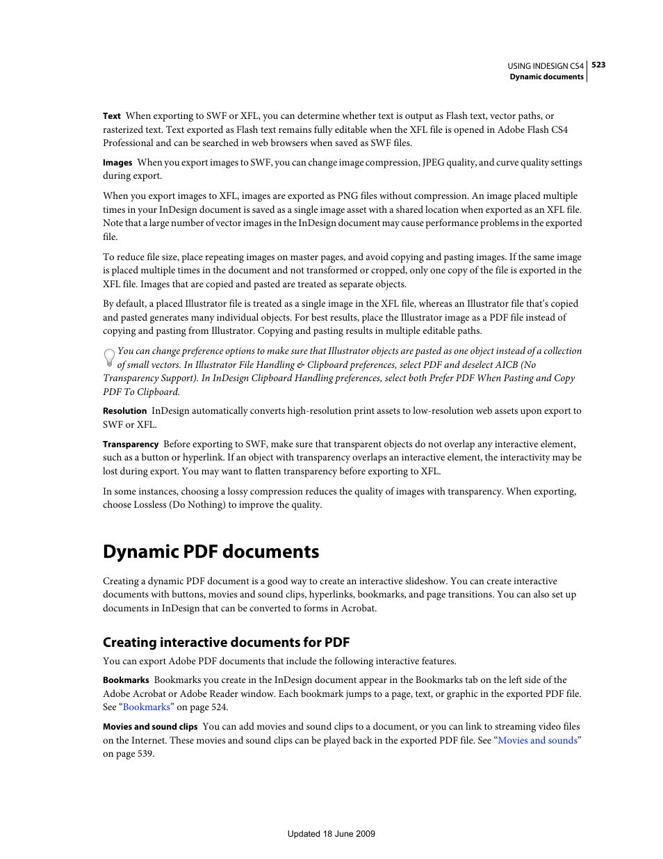 Dynamic pdf documents, Creating interactive documents for pdf | Adobe InDesign CS4 User Manual | Page 531 / 717
