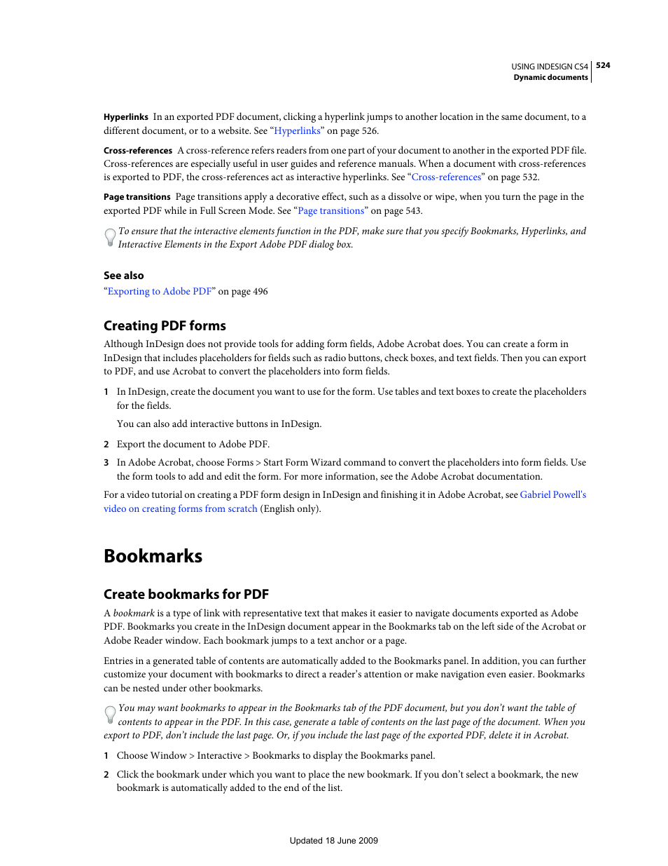 Creating pdf forms, Bookmarks, Create bookmarks for pdf | Adobe InDesign CS4 User Manual | Page 532 / 717