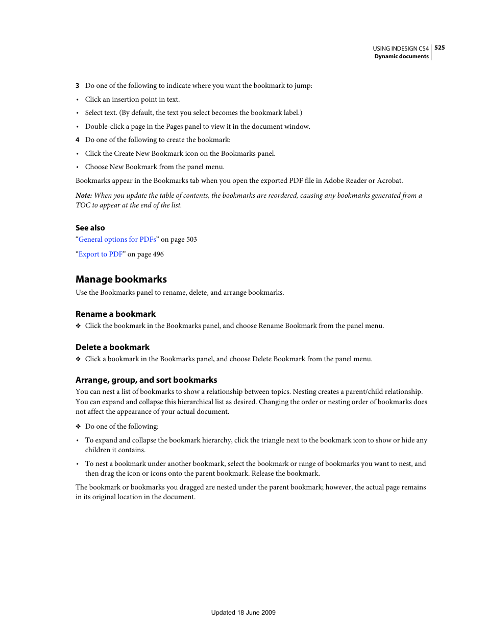 Manage bookmarks, Rename a bookmark, Delete a bookmark | Arrange, group, and sort bookmarks | Adobe InDesign CS4 User Manual | Page 533 / 717