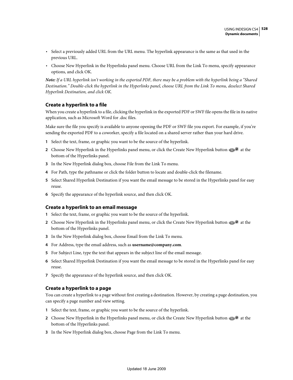 Create a hyperlink to a file, Create a hyperlink to an email message | Adobe InDesign CS4 User Manual | Page 536 / 717