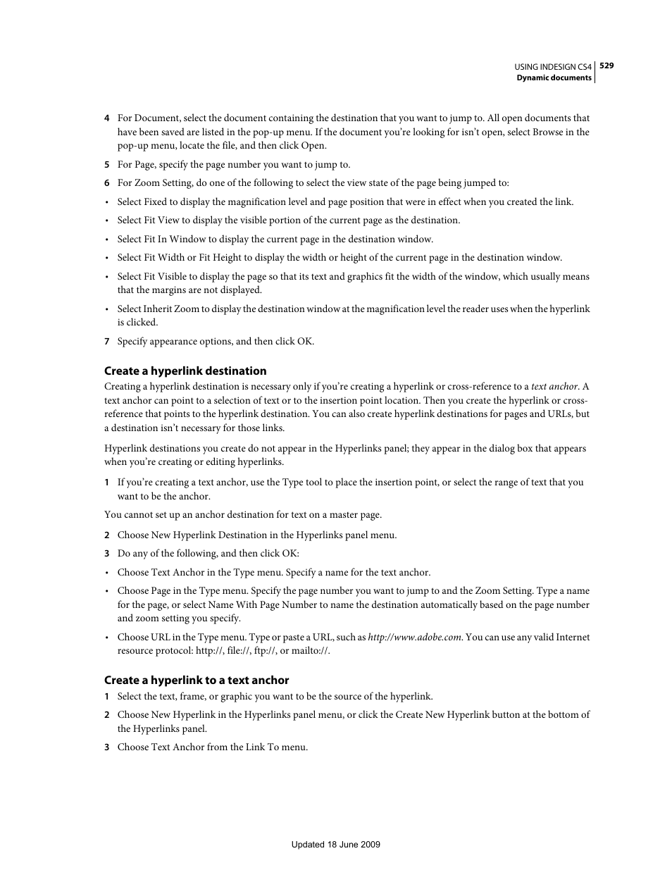 Create a hyperlink destination, Create a hyperlink to a text anchor | Adobe InDesign CS4 User Manual | Page 537 / 717