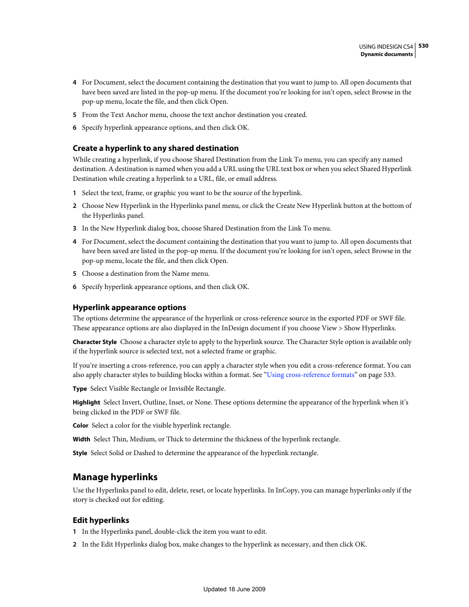 Create a hyperlink to any shared destination, Hyperlink appearance options, Manage hyperlinks | Edit hyperlinks | Adobe InDesign CS4 User Manual | Page 538 / 717