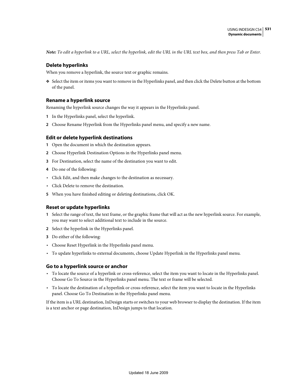 Delete hyperlinks, Rename a hyperlink source, Edit or delete hyperlink destinations | Reset or update hyperlinks, Go to a hyperlink source or anchor | Adobe InDesign CS4 User Manual | Page 539 / 717