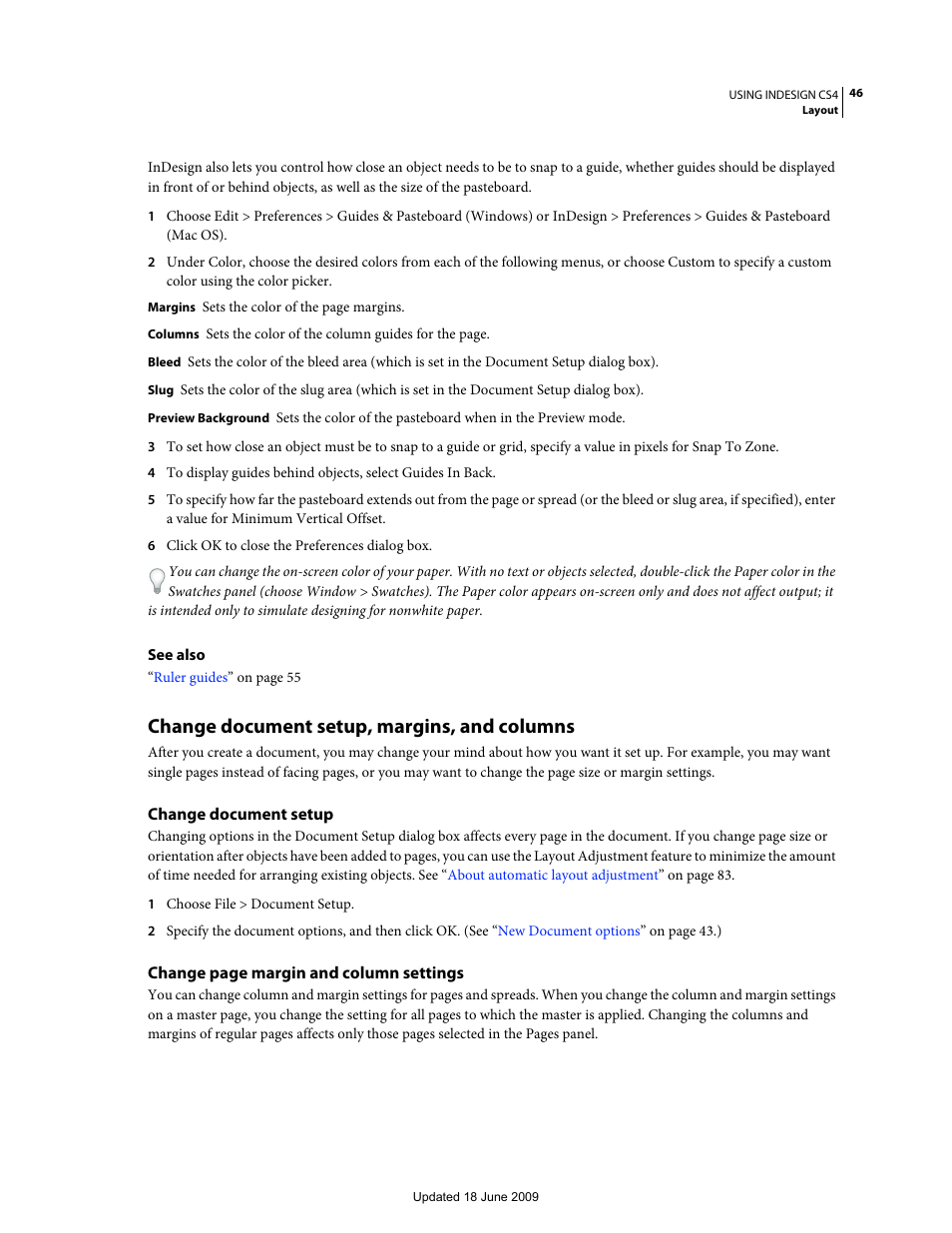 Change document setup, margins, and columns, Change document setup | Adobe InDesign CS4 User Manual | Page 54 / 717