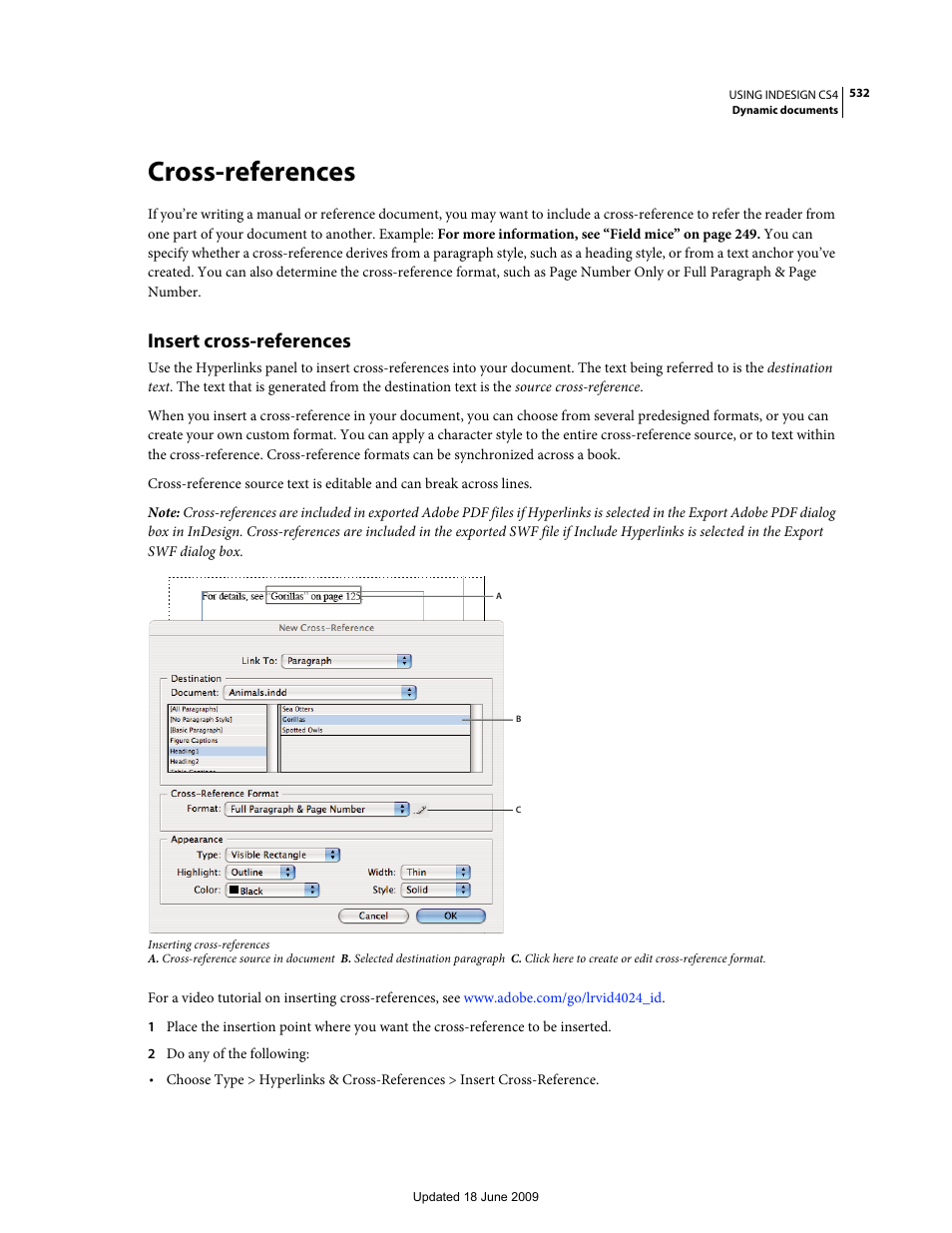 Cross-references, Insert cross-references, Hyperlink. see | Adobe InDesign CS4 User Manual | Page 540 / 717