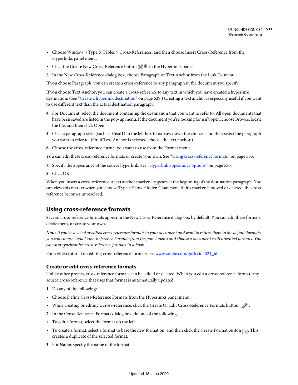 Using cross-reference formats, Create or edit cross-reference formats | Adobe InDesign CS4 User Manual | Page 541 / 717