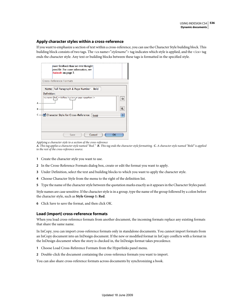 Apply character styles within a cross-reference, Load (import) cross-reference formats | Adobe InDesign CS4 User Manual | Page 544 / 717