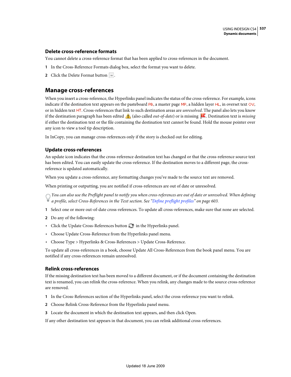 Delete cross-reference formats, Manage cross-references, Update cross-references | Relink cross-references | Adobe InDesign CS4 User Manual | Page 545 / 717