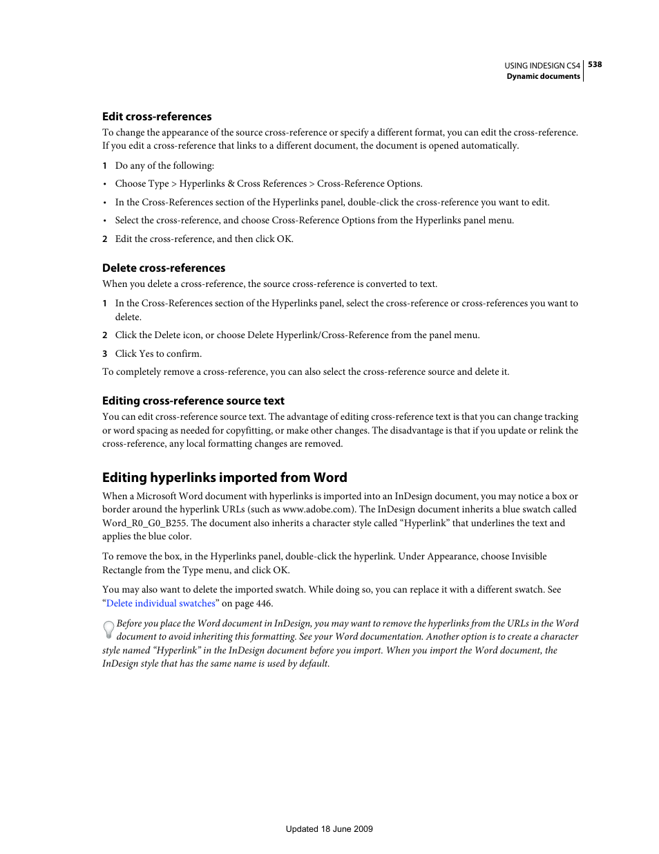 Edit cross-references, Delete cross-references, Editing cross-reference source text | Editing hyperlinks imported from word | Adobe InDesign CS4 User Manual | Page 546 / 717