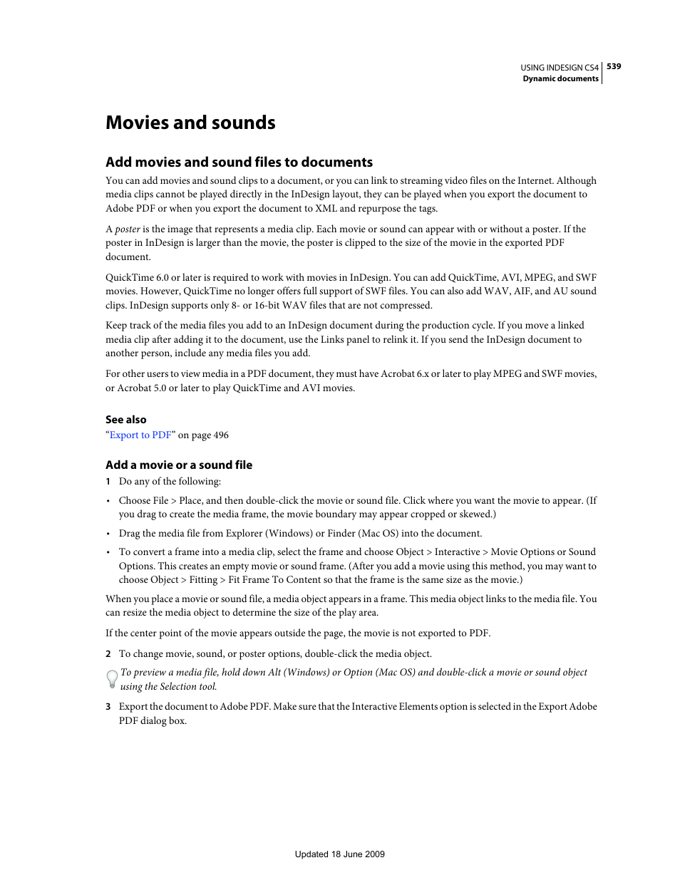 Movies and sounds, Add movies and sound files to documents, Add a movie or a sound file | Adobe InDesign CS4 User Manual | Page 547 / 717