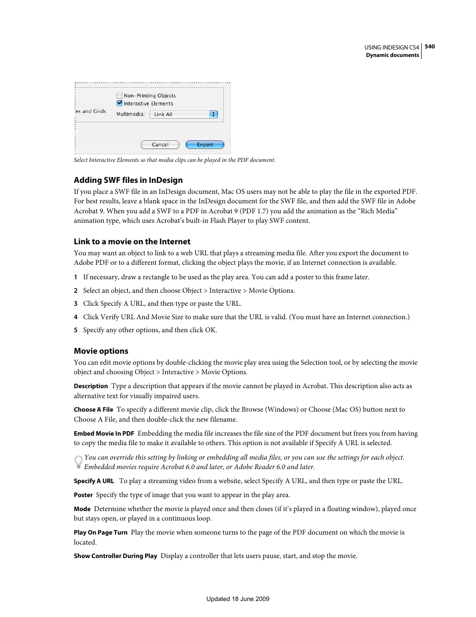 Adding swf files in indesign, Link to a movie on the internet, Movie options | Adobe InDesign CS4 User Manual | Page 548 / 717