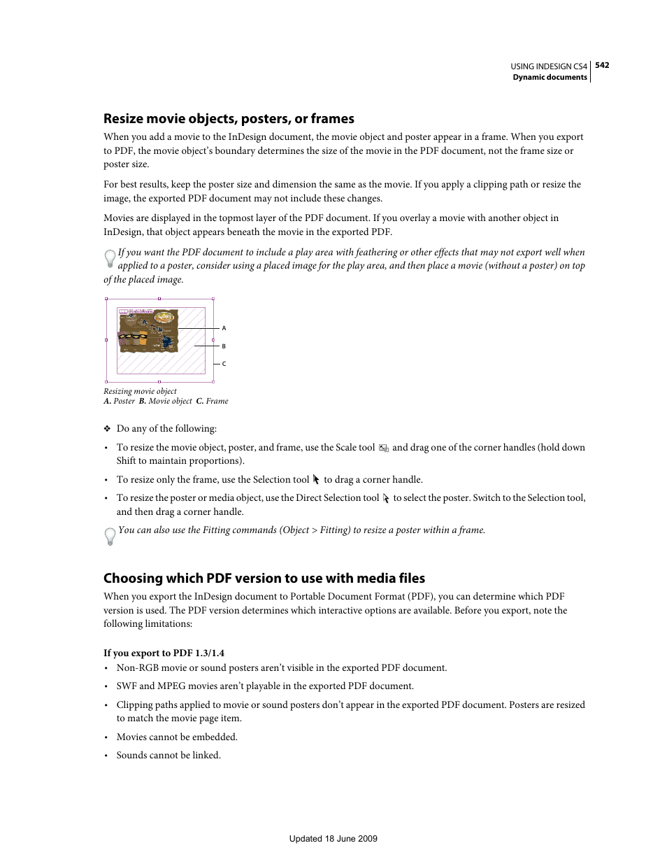 Resize movie objects, posters, or frames, Choosing which pdf version to use with media files | Adobe InDesign CS4 User Manual | Page 550 / 717