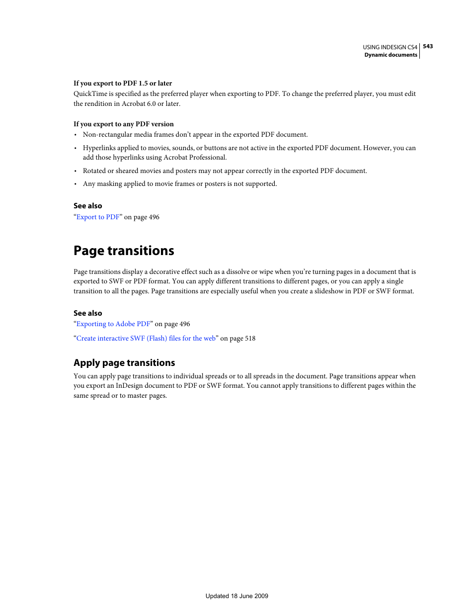Exported pdf while in full screen mode. see, Page transitions, Apply page transitions | Adobe InDesign CS4 User Manual | Page 551 / 717