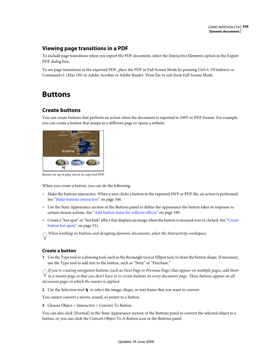 Buttons, Create buttons, Create a button | Viewing page transitions in a pdf | Adobe InDesign CS4 User Manual | Page 553 / 717