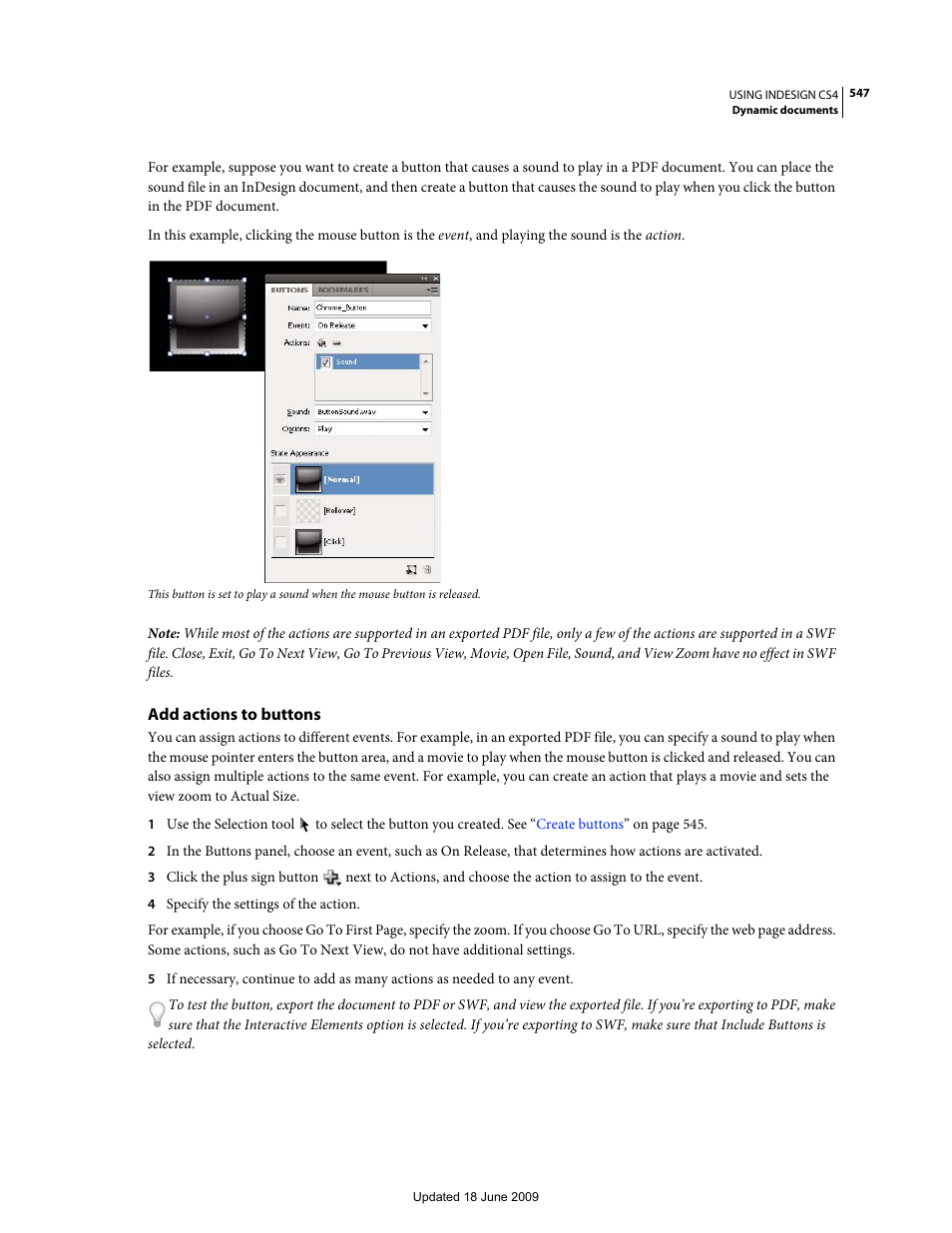Add actions to buttons | Adobe InDesign CS4 User Manual | Page 555 / 717